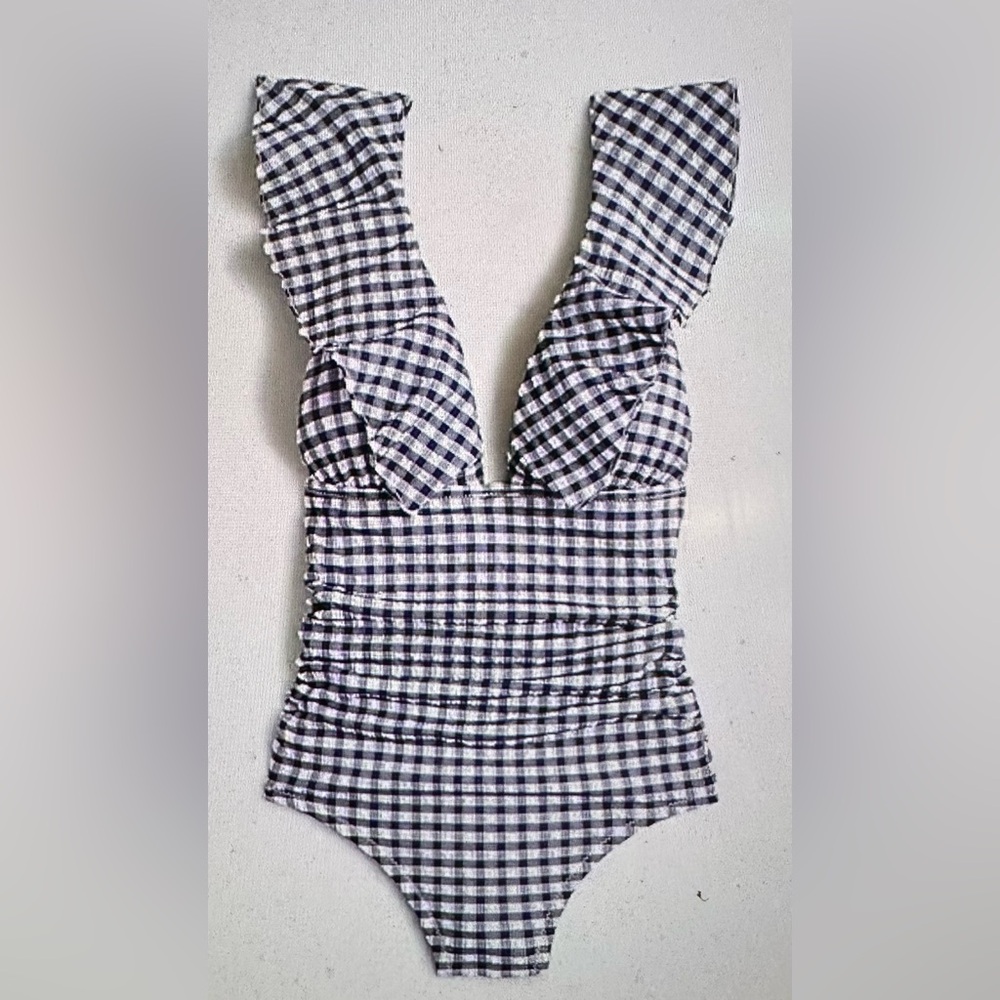 NWT J.crew Ruched ruffle one piece swimsuit size 12 blue gingham